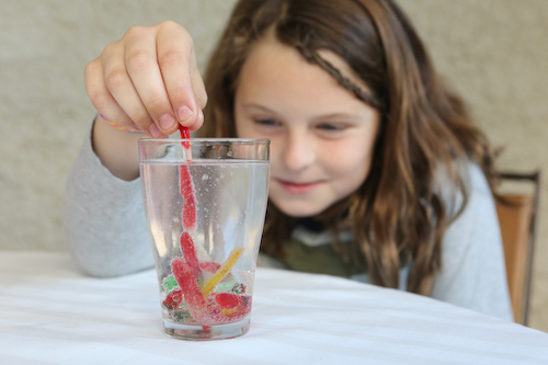 dancing-frankenworms A girl dangles gummy worms into a glass of water