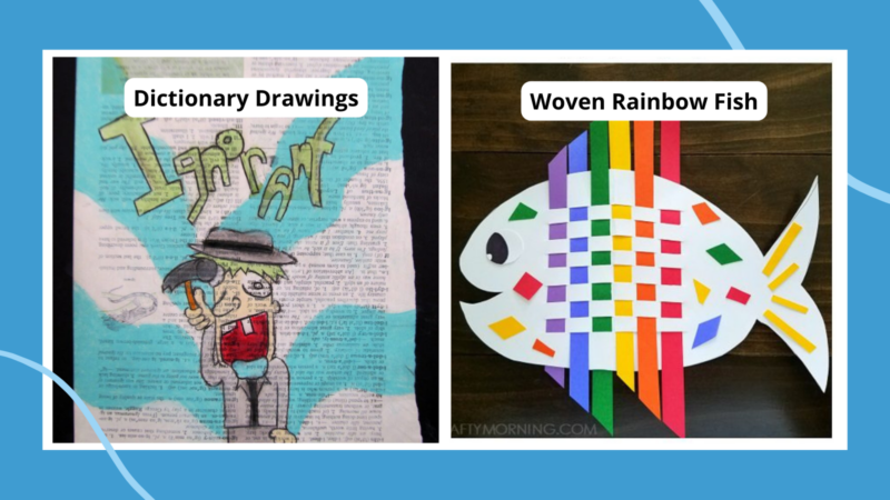 Easy Art Projects for Kids East art projects for kids, including dictionary drawing of the word ignorant and a woven paper rainbow fish.