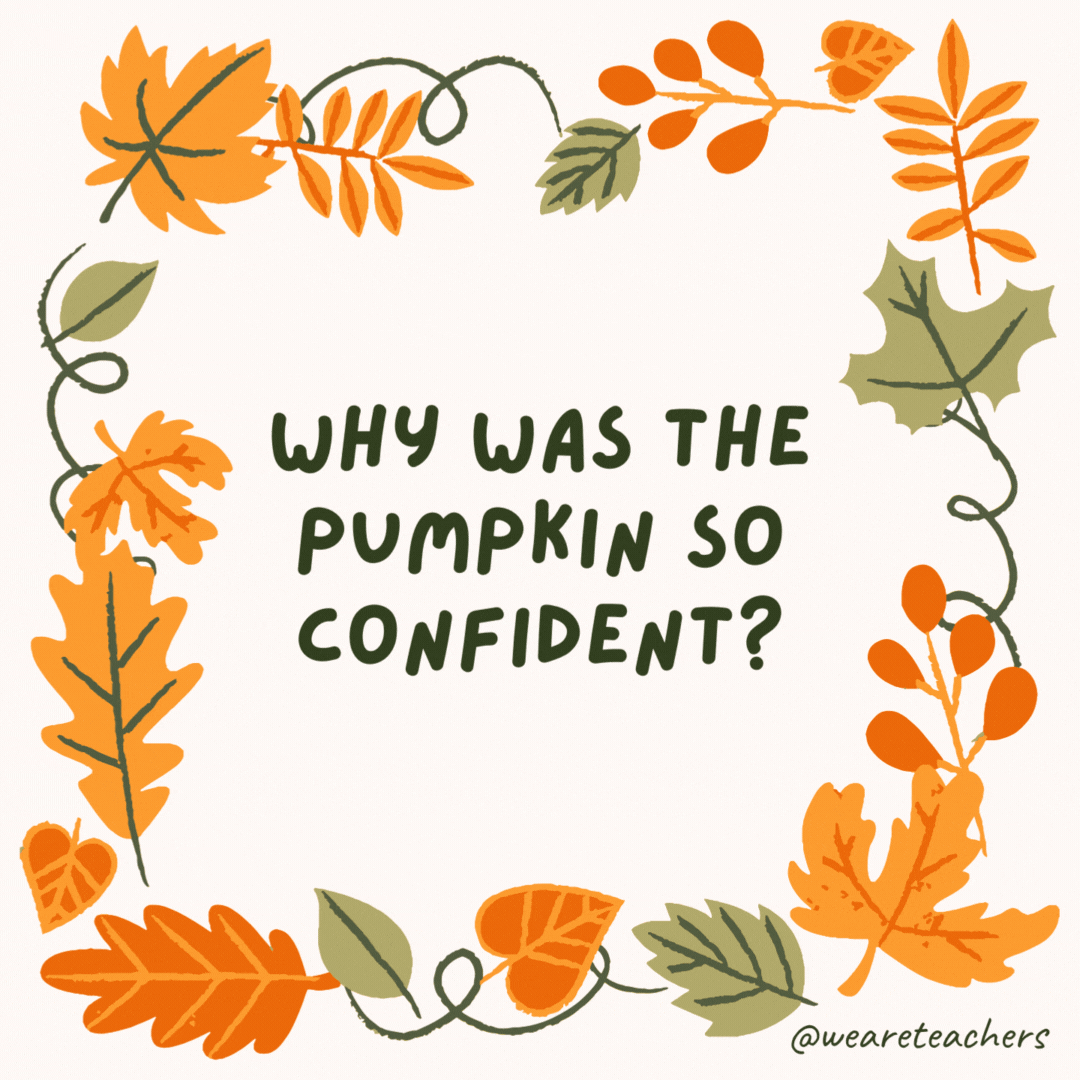 Why was the pumpkin so confident? Because it was gourd-geous! Why was the pumpkin so confident?
Because it was gourd-geous!- fall jokes