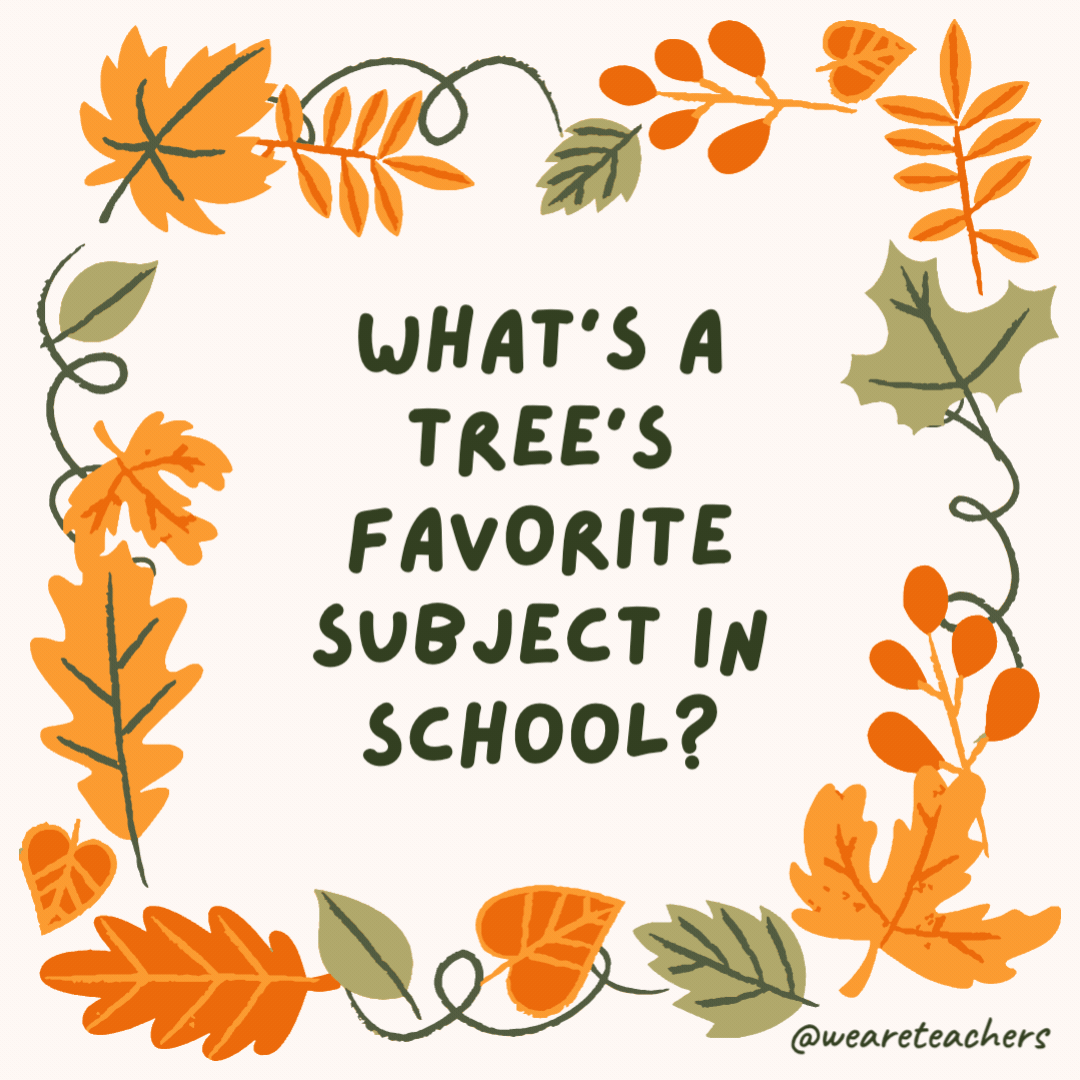 What’s a tree’s favorite subject in school? Geome-tree. What’s a tree’s favorite subject in school?
Geome-tree.- fall jokes