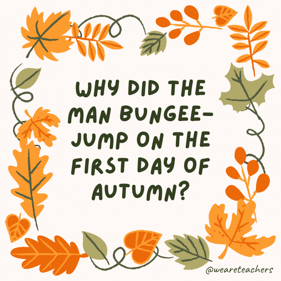 Why did the man bungee-jump on the first day of autumn? Because he loved the fall. Why did the man bungee-jump on the first day of autumn?
Because he loved the fall.