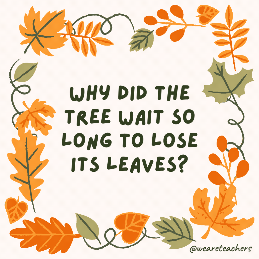 Why did the tree wait so long to lose its leaves? It was a procras-tree-nator. Why did the tree wait so long to lose its leaves?
It was a procras-tree-nator.- fall jokes