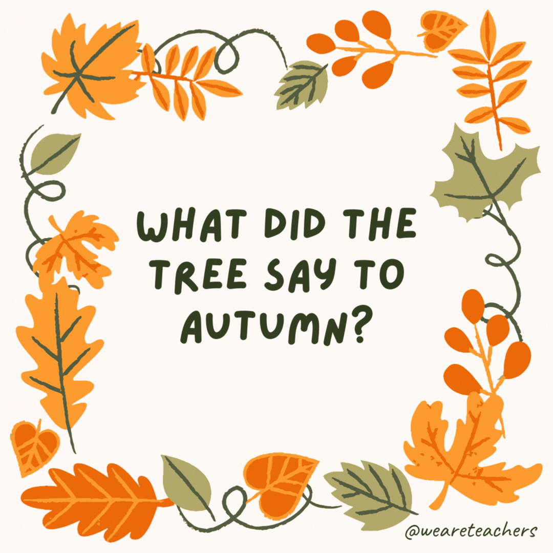 What did the tree say to autumn? Leaf me alone! What did the tree say to autumn?
Leaf me alone!