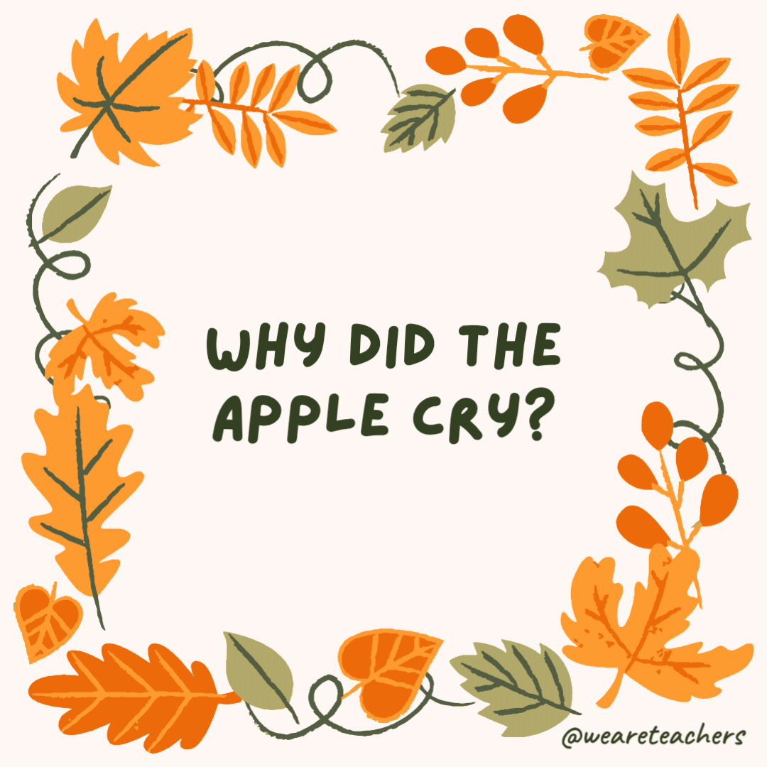 Why did the apple cry? Its peelings were hurt. Why did the apple cry?
Its peelings were hurt.