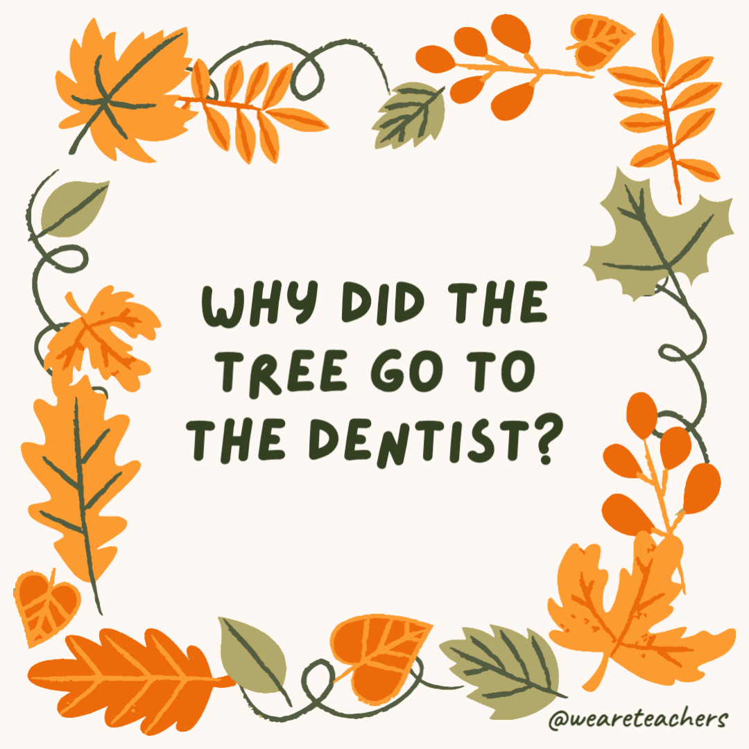 Why did the tree go to the dentist? It needed a root canal. Why did the tree go to the dentist?
It needed a root canal.
