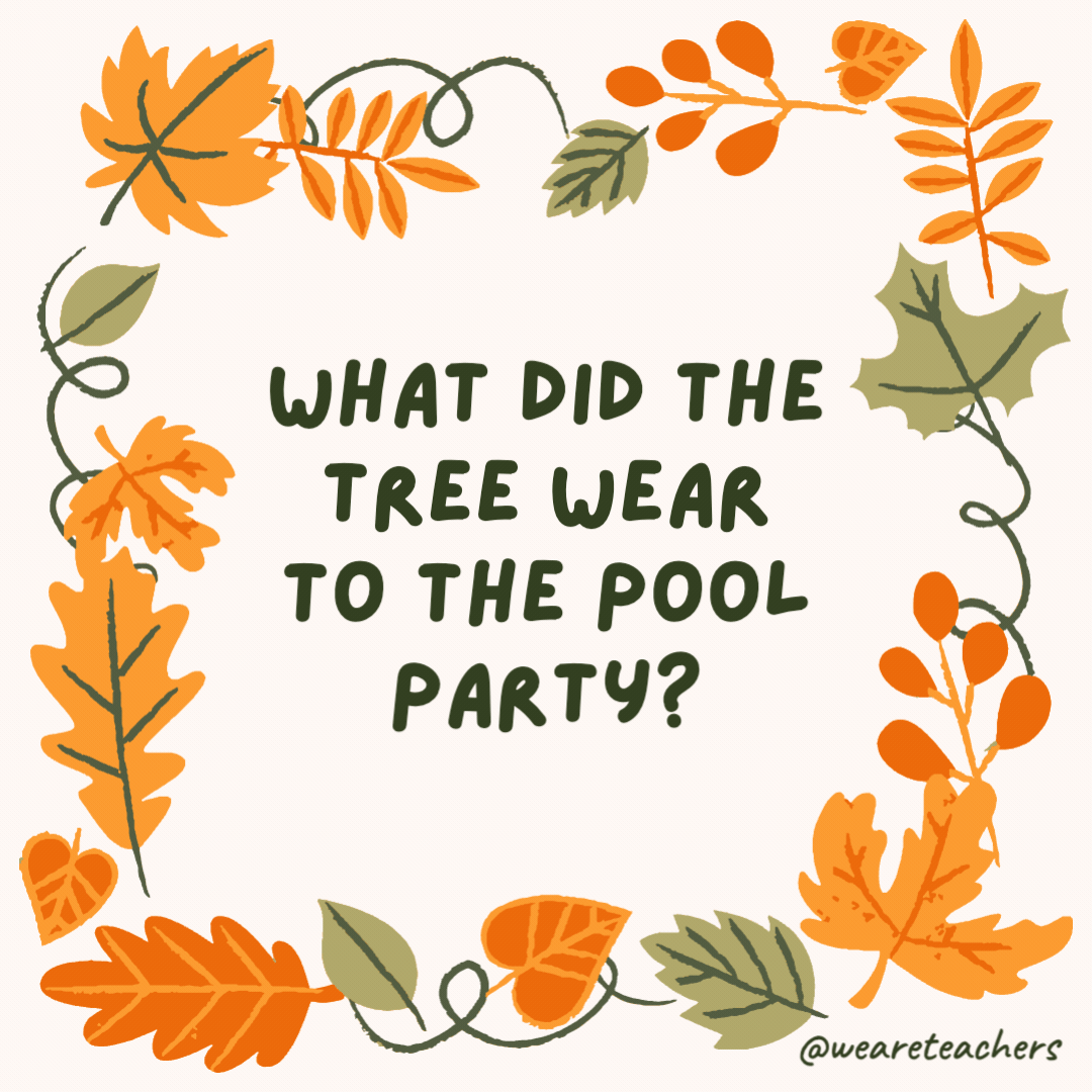 What did the tree wear to the pool party? Swimming trunks. What did the tree wear to the pool party?
Swimming trunks.- fall jokes