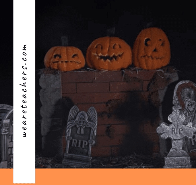 halloween-songs Spooky Jack O Lanterns sit on a wall in a graveyard