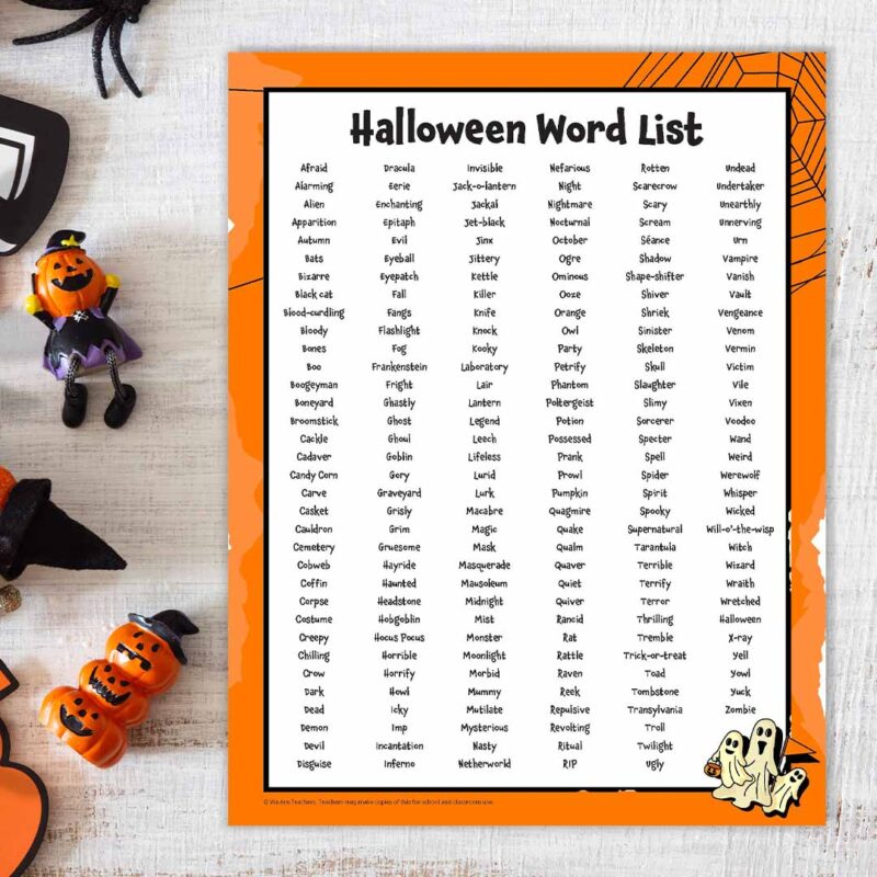 Halloween Word List Printable Halloween word list with decorations scattered next to it.