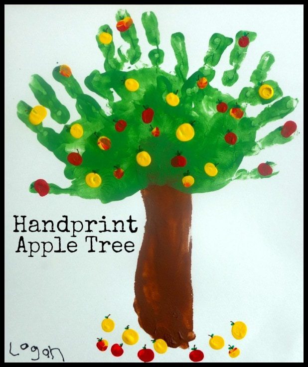 Fall art projects can include finger painting like this one. A brown tree stump has three green handprints to be the leaves. There are red and yellow finger tip dots all over it that are meant to be apples.