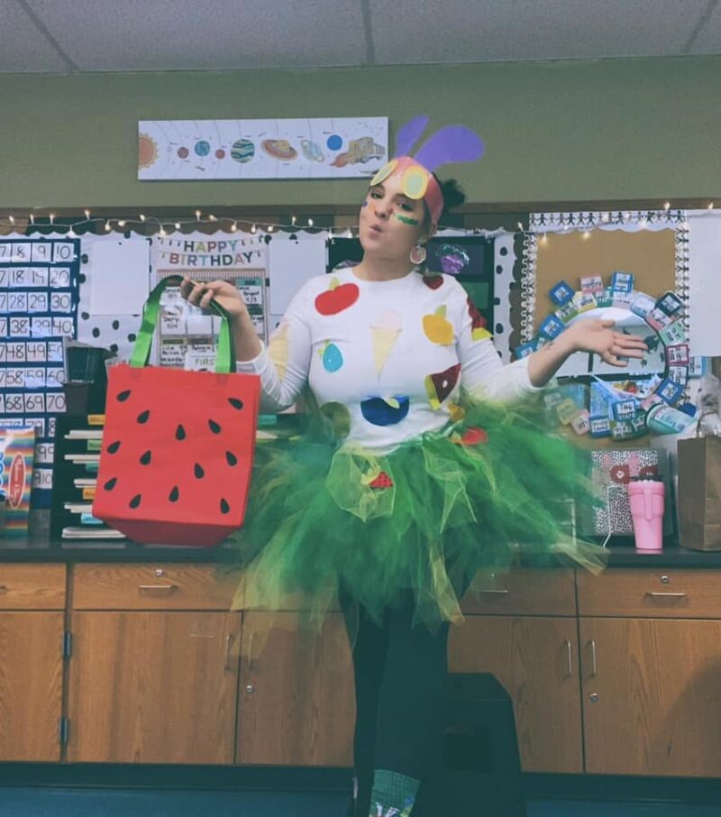 Teacher Halloween Costumes: Very Hungry Caterpillar Teacher dressed as the Very Hungry Caterpillar for Halloween