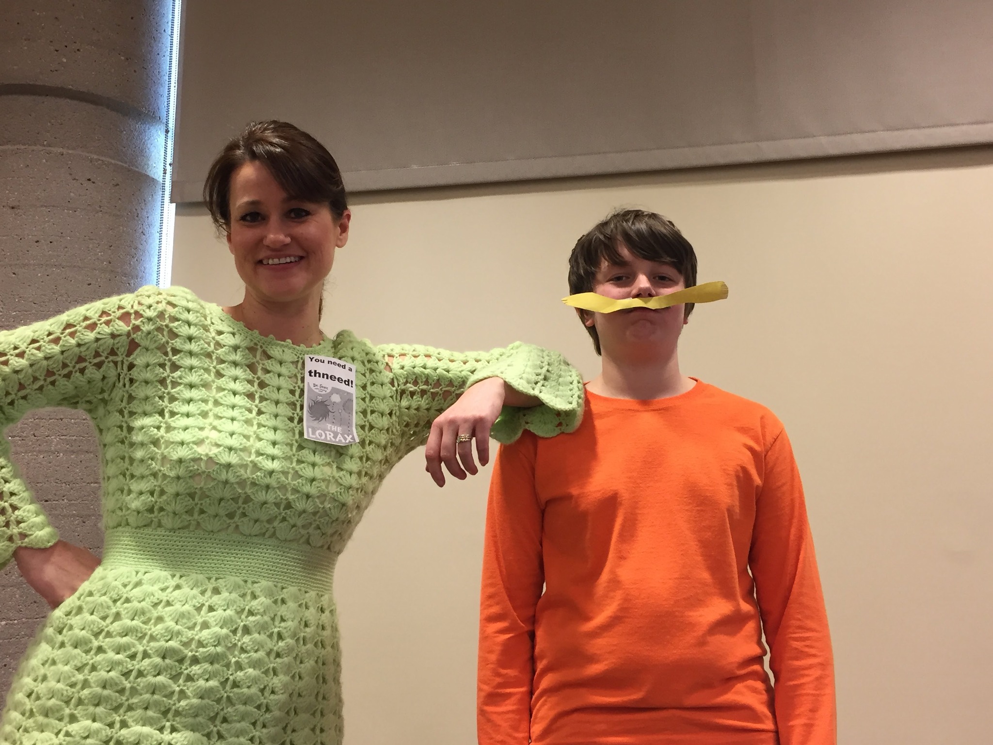 Halloween Costumes: Lorax Teacher duo dressed as The Lorax and Sneed