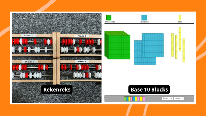 Math Manipulatives Collage of math manipulatives including rekenreks and virtual base 10 blocks