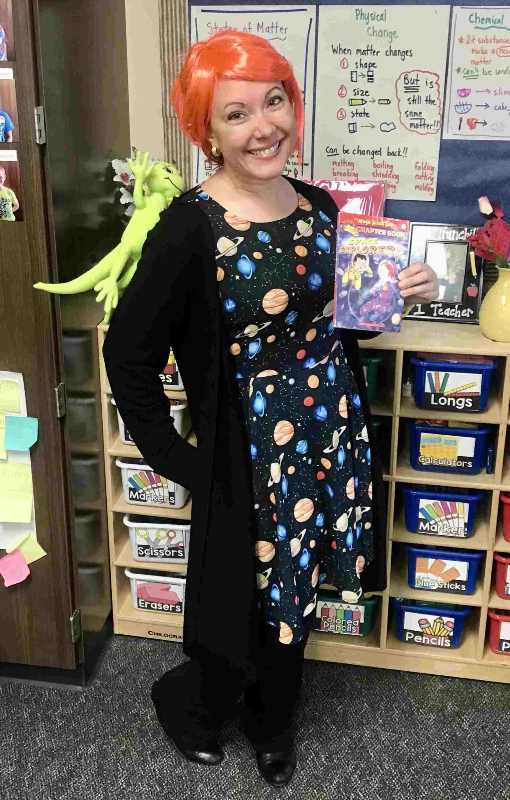 Book Character Costume: Ms. Frizzle Teacher dressed in a Ms. Frizzle book character costume
