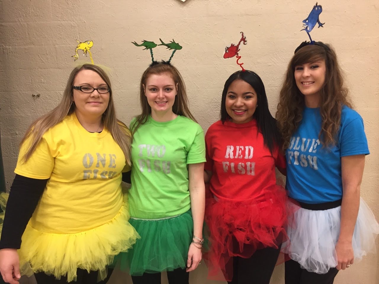 Halloween Costumes: One Fish Two Fish Teachers wearing colorful tutus and t-shirts to represent One Fish, Two Fish, Red Fish, Blue Fish