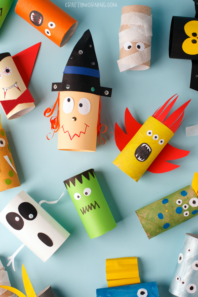 paper-roll-monsters Whimsical Halloween figures crafted from paper rolls as an example of Halloween Crafts for Kids