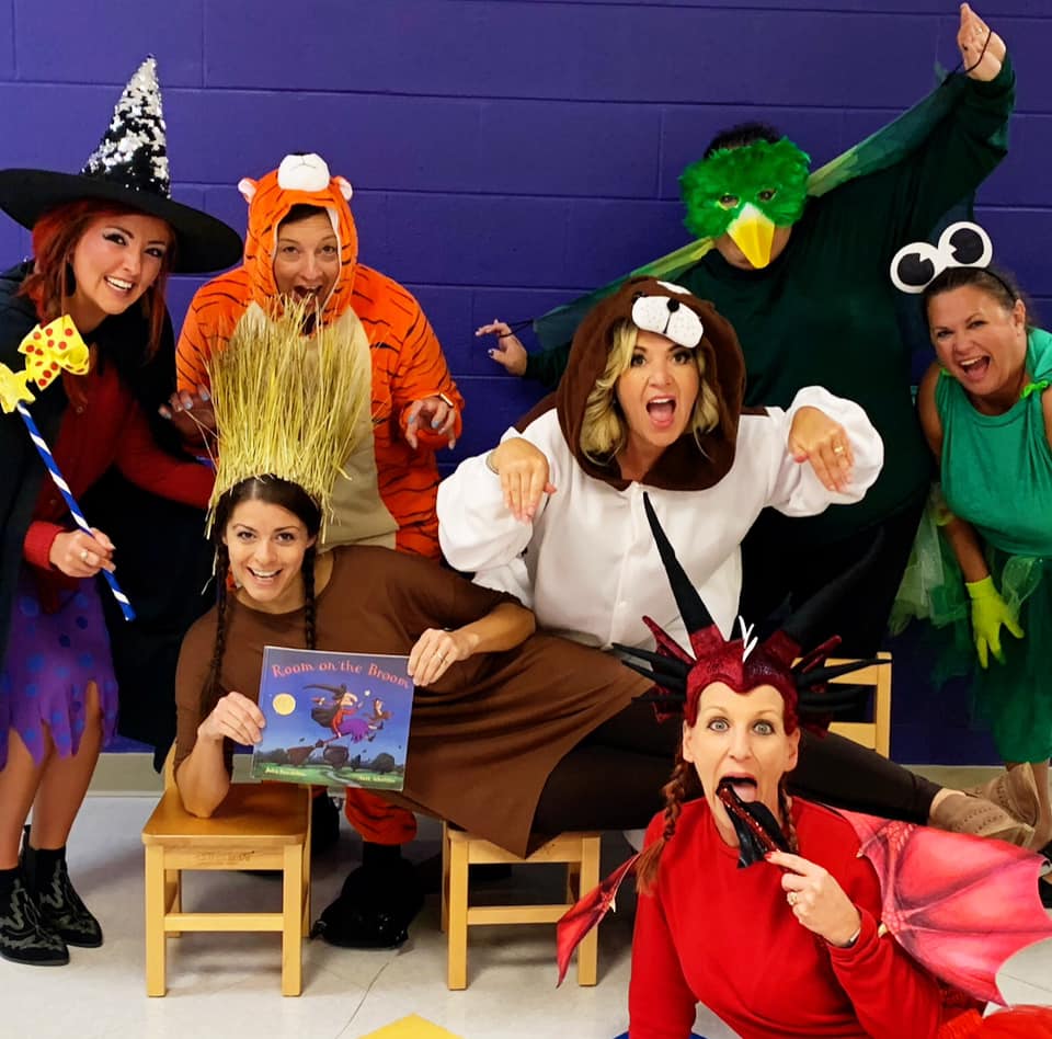 Halloween Costumes: Room on the Broom Teachers dressed as characters from the book Room on the Broom