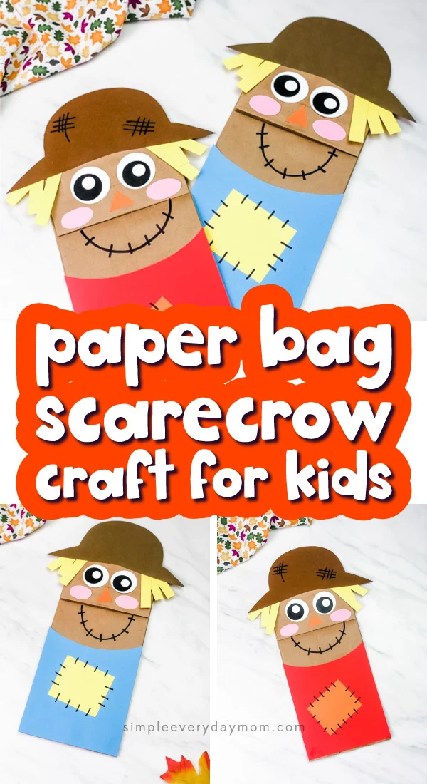 Scarecrow puppets are made from brown paper bags and construction paper. Text reads, 