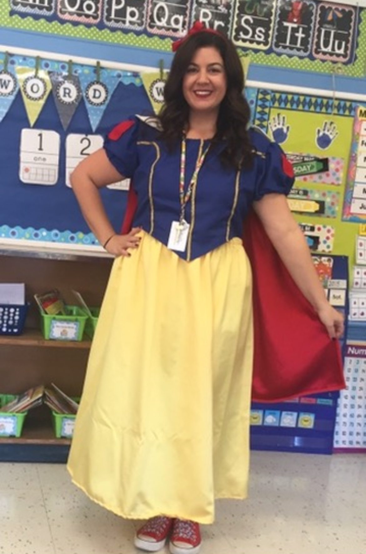 Book Character Costume: Snow White Teacher dressed as Snow White for Halloween