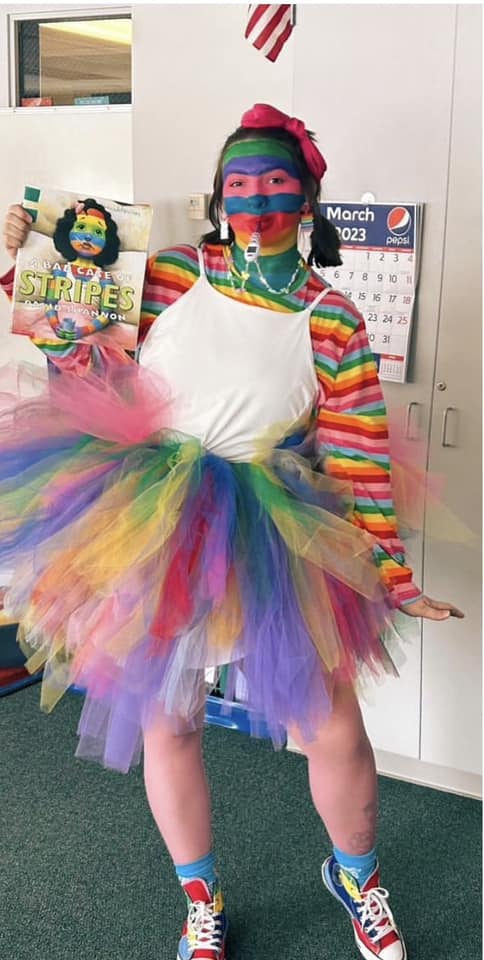 Halloween Costumes: Bad Case of the Stripes Teacher dressed as the main character from the book A Bad Case of the Stripes