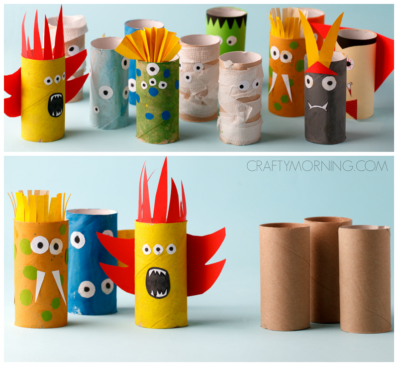 toilet-paper-roll-monsters Toilet paper rolls made into monsters with art supplies
