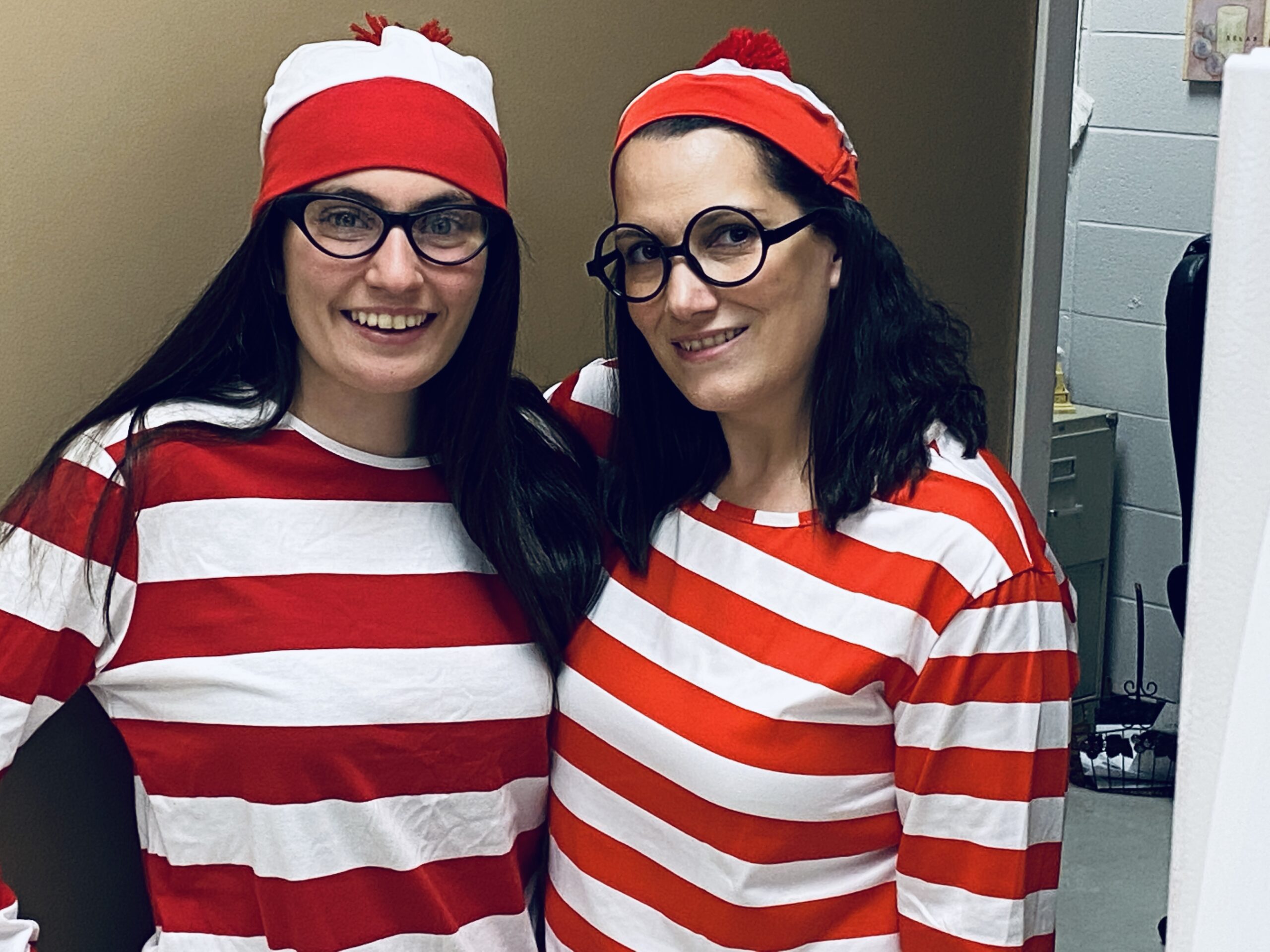 Halloween Costumes: Where’s Waldo? Teachers dressed in striped shirts in hats as Where's Waldo?