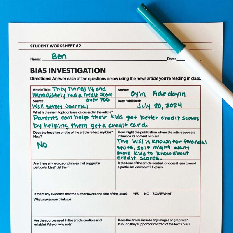 Article of the Week: Free Media Literacy Lessons for Grades 9-12 Image of a Bias Investigation worksheet from the Article of the Week activity bundle