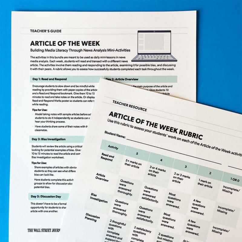 Article of the Week: Free Media Literacy Lessons for Grades 9-12 Image of the Teacher's Guide and Grading Rubric in the Article of the Week activity bundle