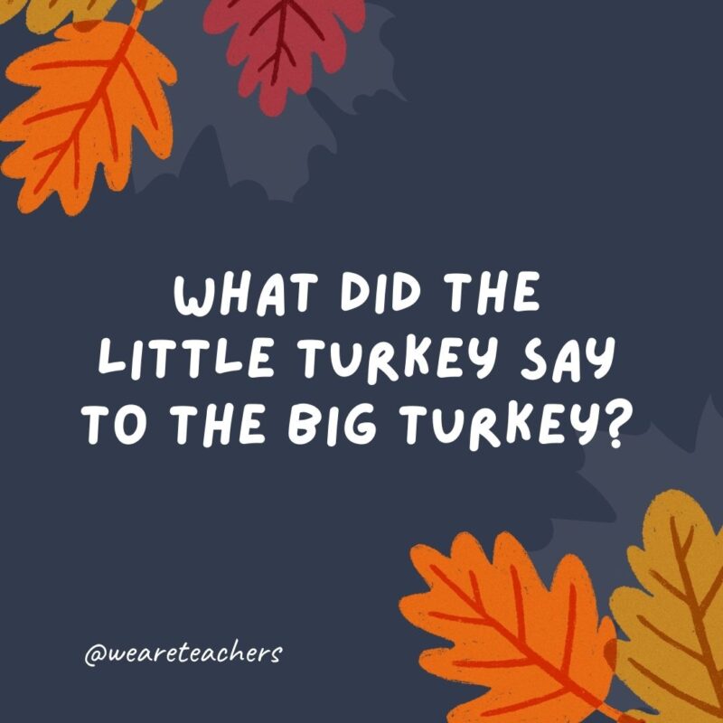 What did the little turkey say to the big turkey? “Peck on someone your own size!” What did the little turkey say to the big turkey?