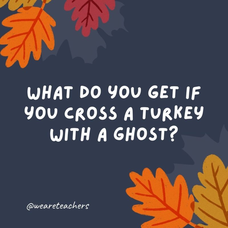 What do you get if you cross a turkey with a ghost? A poultry-geist! What do you get if you cross a turkey with a ghost? A poultry-geist!