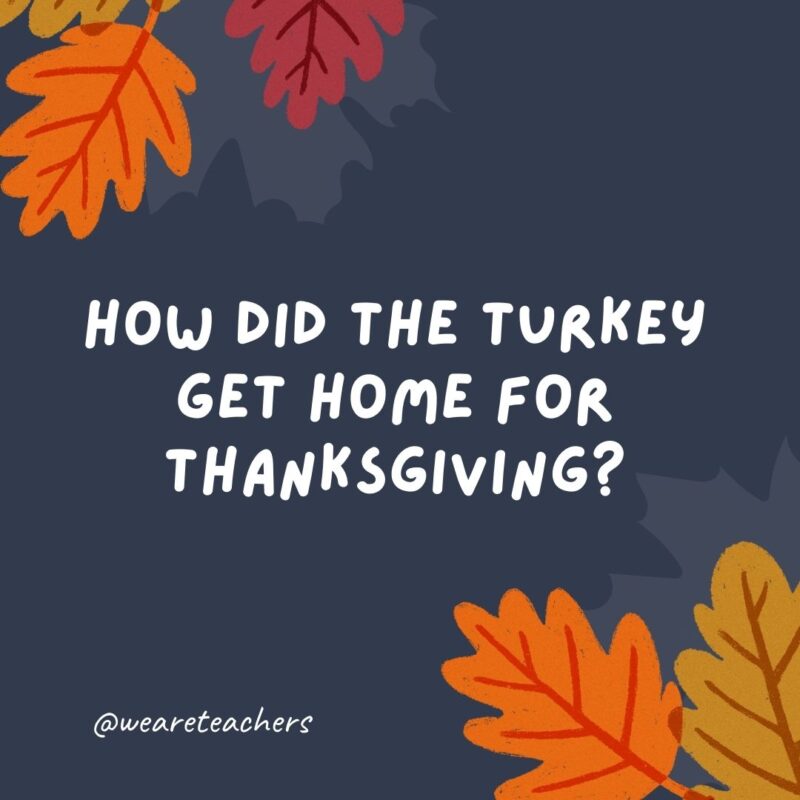 How did the turkey get home for Thanksgiving? It took the gravy train. How did the turkey get home for Thanksgiving? It took the gravy train.