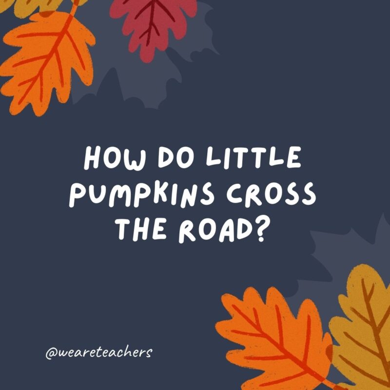 How do little pumpkins cross the road? With a crossing gourd. How do little pumpkins cross the road? With a crossing gourd.