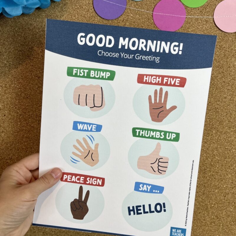 classroom-greeting good morning greeting poster with different ways to greet at the door for social-emotional learning activities