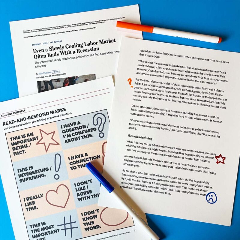 Article of the Week: Free Media Literacy Lessons for Grades 9-12 Images of a Wall Street Journal newspaper article and the Read-and-Respond poster from the Article of the Week resource bundle