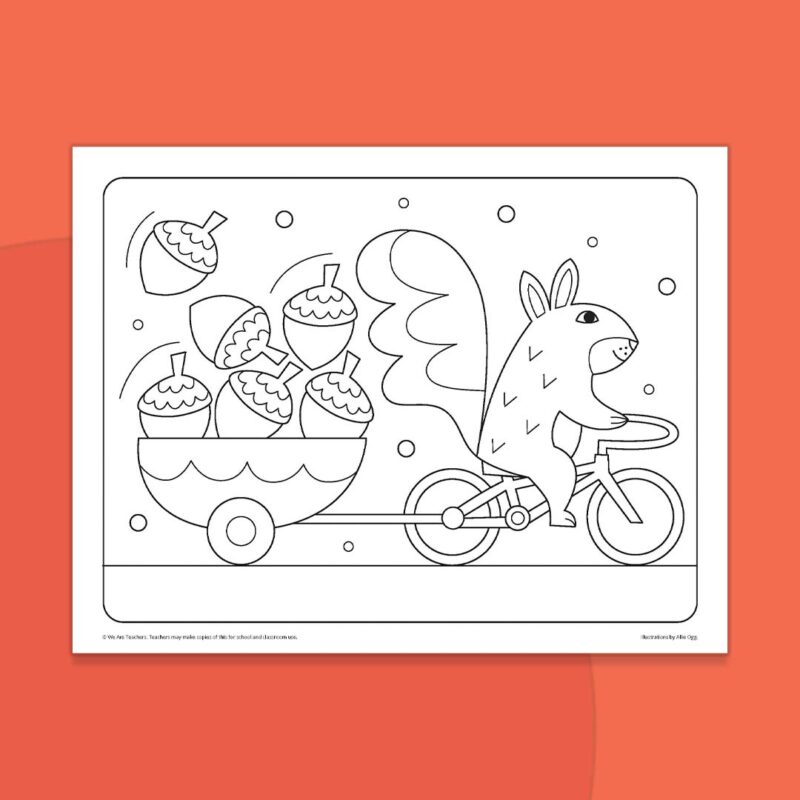 Coloring page of squirrel riding a bike