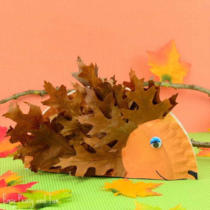 Paper-Plate-Hedgehog-Craft A hedgehog made from a folded paper plate and leaves