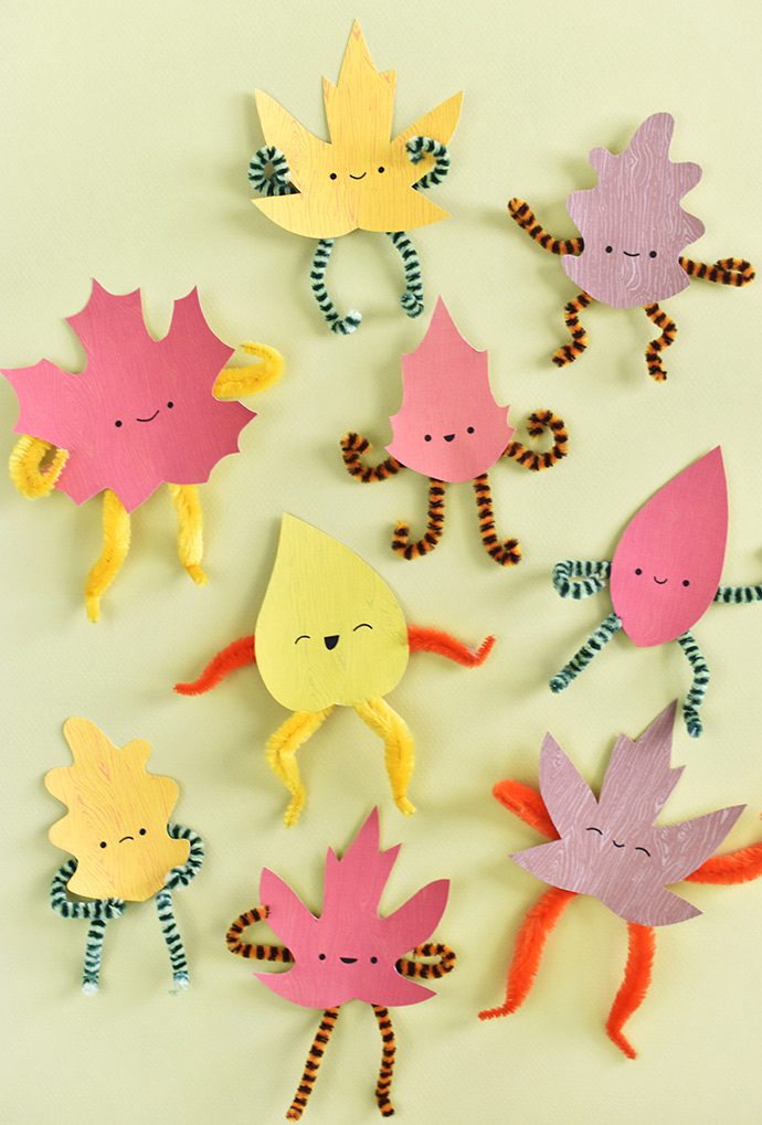PosableLeafSprites_done1.690 Playful leaves made from construction paper and pipe cleaners, as an example of DIY Thanksgiving crafts