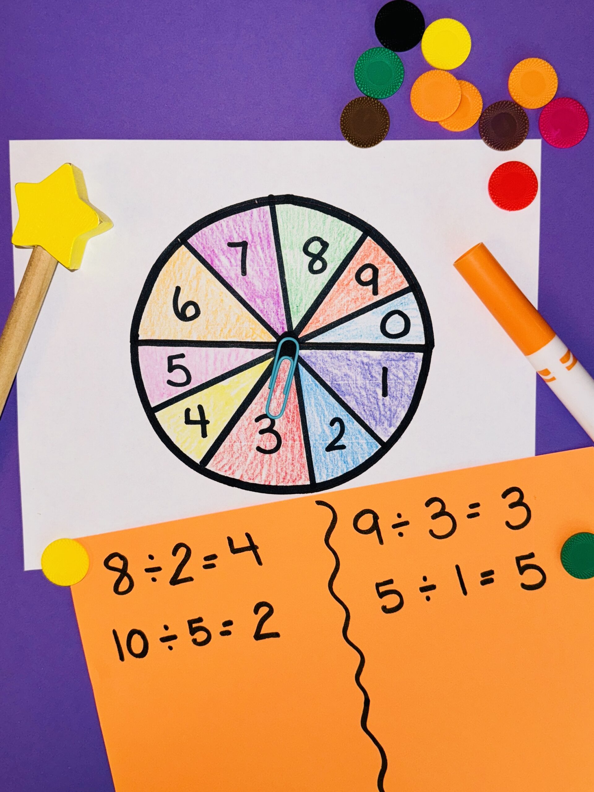Spinner,SpinnerDivisionWinner2 Spinner with numbers on it and equations on piece of paper