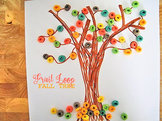 fruit-loops-fall-tree A colorful fall tree made from Fruit Loops glued to a drawing of a tree