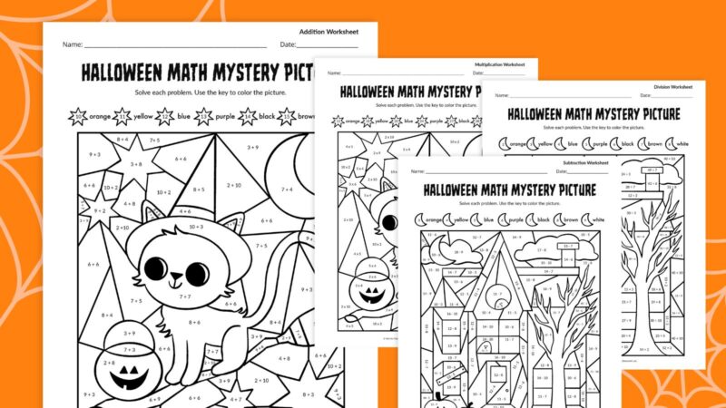 Halloween Math Mystery Pictures Flat lay of Halloween Math Mystery Pictures
