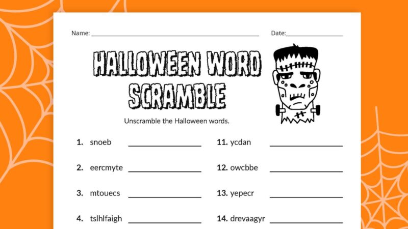 Halloween Word Scramble Flay lay of Halloween Word Scramble