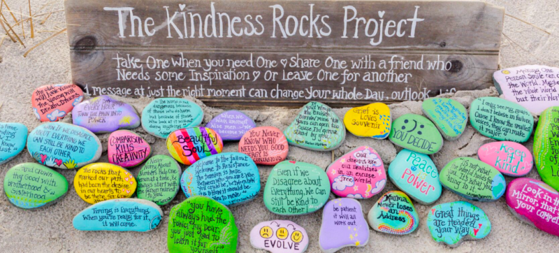 kindness-rocks A beautiful display of rocks painted with colorful messages as an example of school spirit ideas