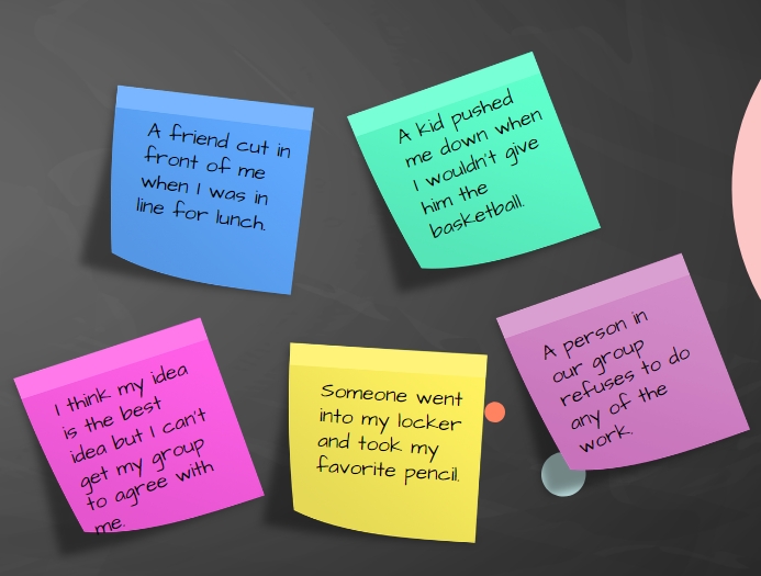 Model Behavior Scenarios Five colored sticky notes with scenarios for Model Behavior activity