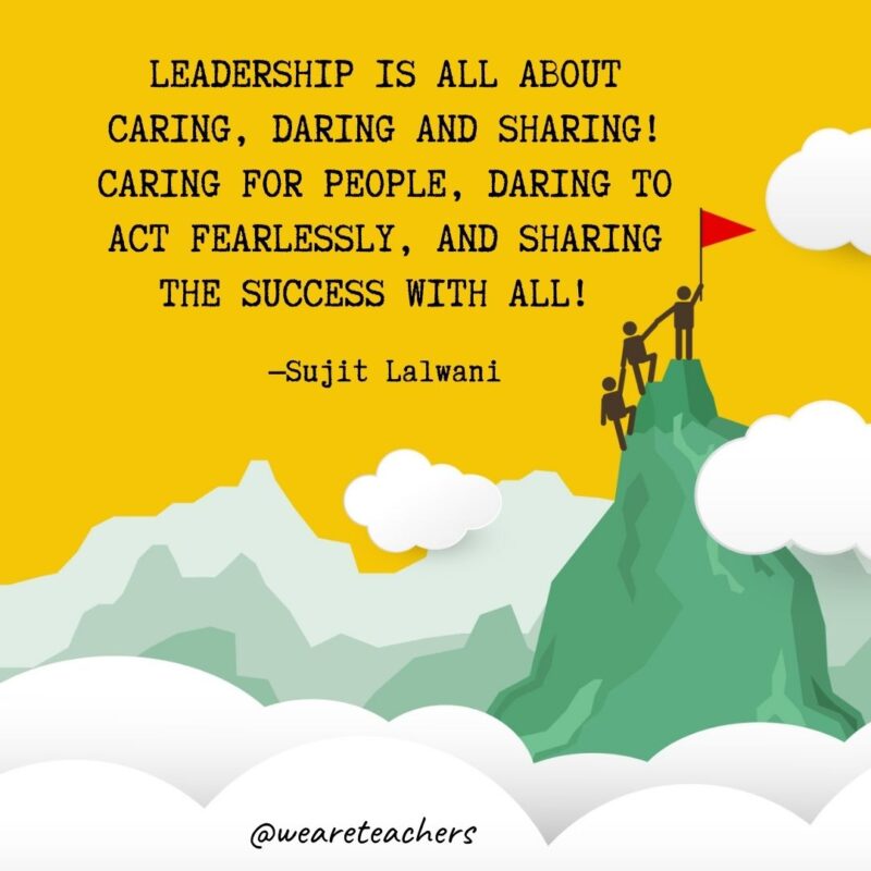 Leadership is all about caring, daring and sharing! Caring for people, Daring to Act fearlessly, and Sharing the success with all! —Sujit Lalwani Leadership is all about caring, daring and sharing! Caring for people, Daring to Act fearlessly, and Sharing the success with all! —Sujit Lalwani- leadership quotes