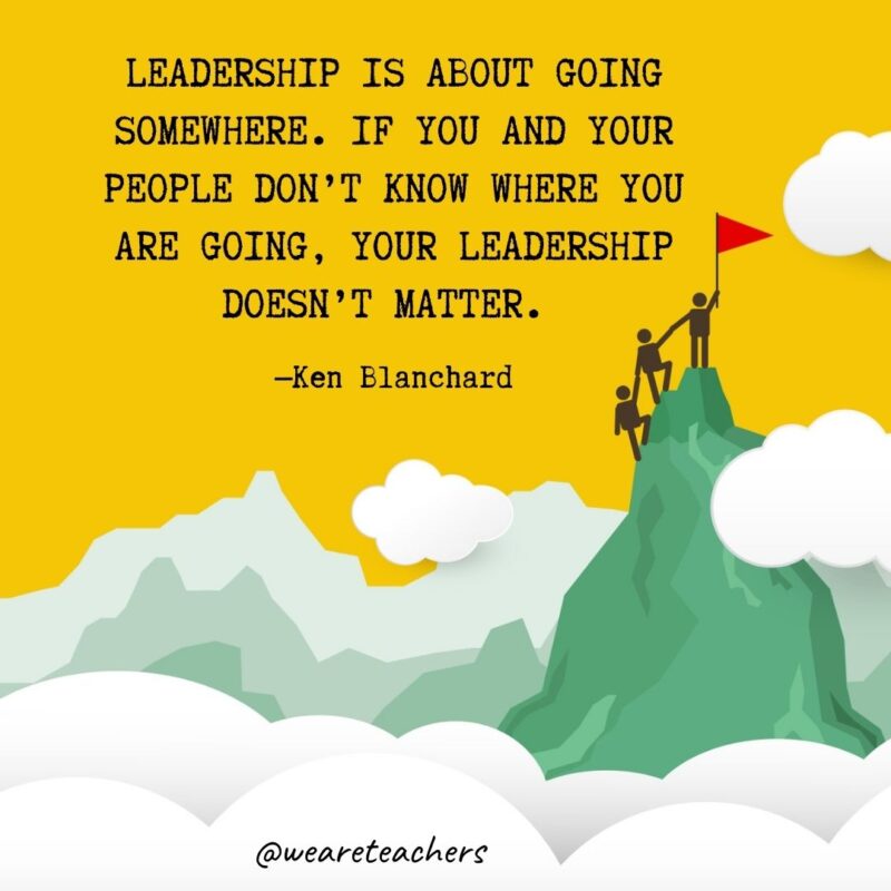 Leadership is about going somewhere. If you and your people don’t know where you are going, your leadership doesn’t matter. —Ken Blanchard Leadership is about going somewhere. If you and your people don't know where you are going, your leadership doesn't matter. —Ken Blanchard