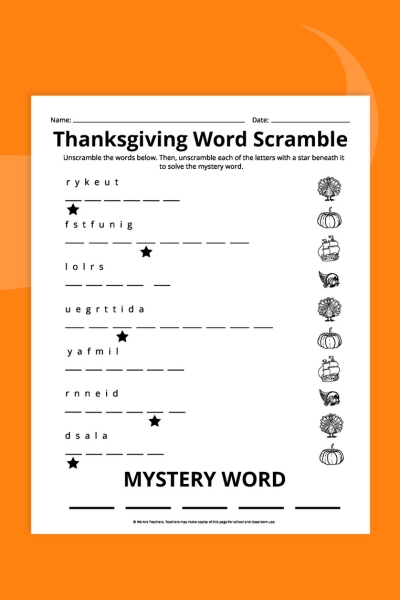 Thanksgiving Word Scramble Thanksgiving Word Scramble