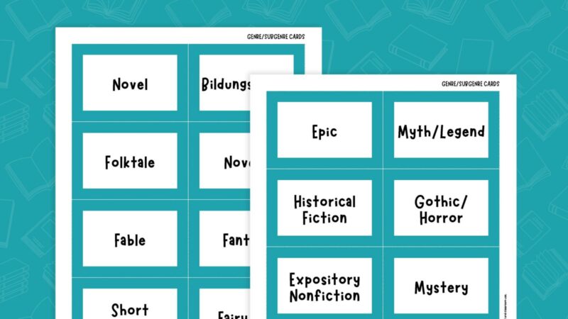 Literary Genre Matching Game Two sheets of cards for a literary genre matching game.
