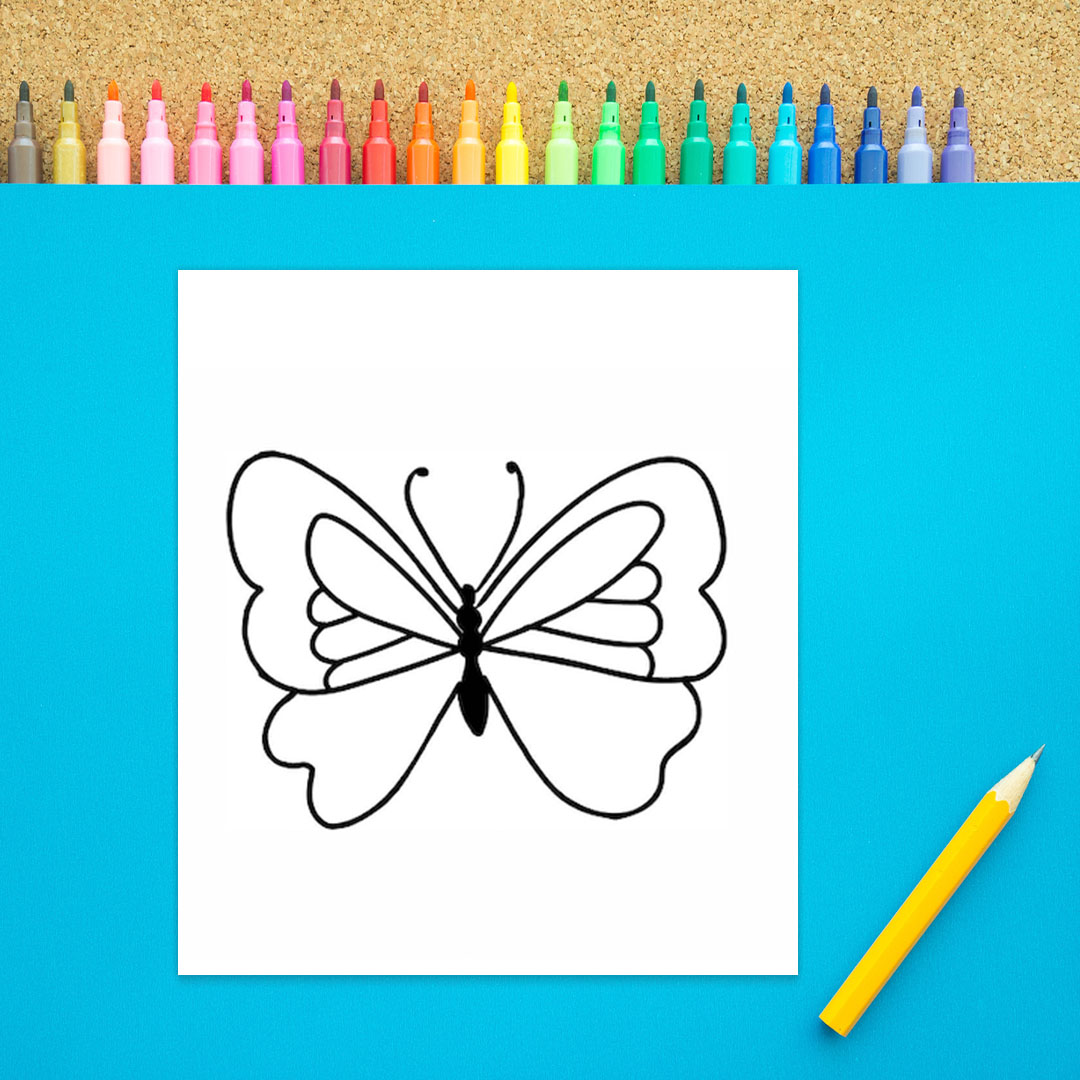 A black body with an oval and three black circles is shown with two long antennae coming off of it. Two wings have detailed designs inside of them in this third step of how to draw a butterfly. It is black marker on a white background.