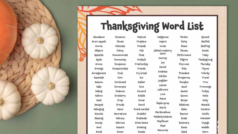 Thanksgiving Word Lists Thanksgiving Word List printable on green background with pumpkins.