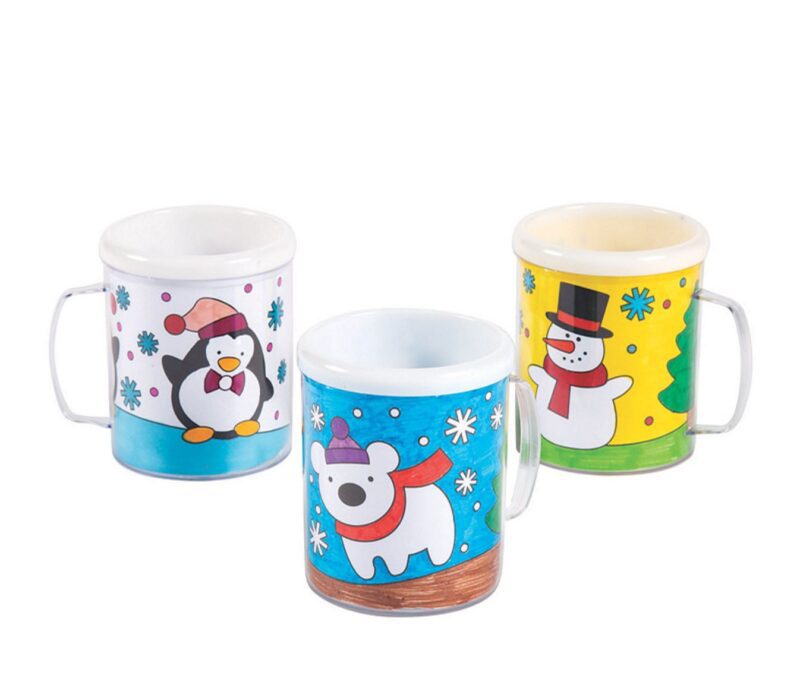 DIY Mugs Plastic mugs with winter themes for students to color in