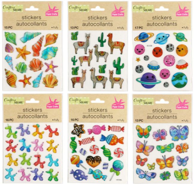 puffy-stickers Assorted packages of puffy stickers in shapes like shells, planets, and butterflies
